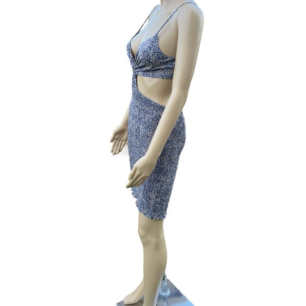 Blush BJ Women Floral V-Neck Spaghetti Strap Dress Summer Cut-Out Blue & Beige - Picture 8 of 11